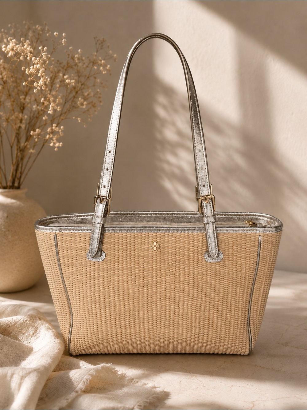 Tory Burch Metallic-Trim Woven Tote